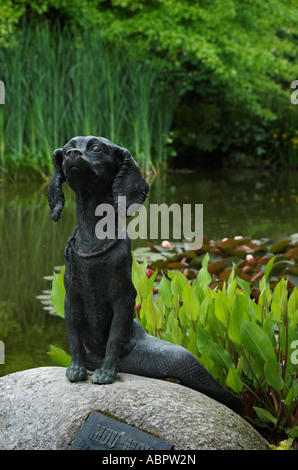 La figure de bronze de bête fantastique mi-chien, mi-poisson sur un rocher dans un étang Banque D'Images