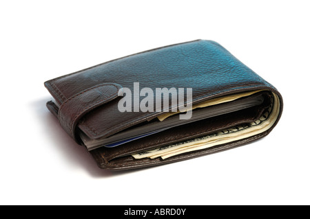 Etui en cuir avec dollar bills Isolated over white dentelle argent Banque D'Images