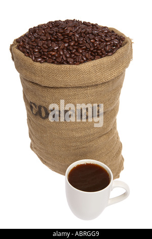 Sac de grains de café et tasse de café Banque D'Images