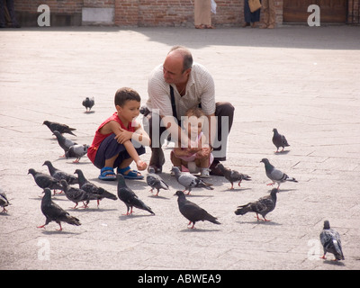 Le père et les enfants nourrir les pigeons dans Piazza Santo à l'extérieur de la Basilique Saint Antoine de Padoue Italie Aucune version disponible Banque D'Images