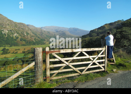 Parc national de Snowdonia adultes femmes aînées ornithologues et observation des paysages de la campagne du nord du pays de Galles depuis le montant de l'échelle du sentier pédestre et la porte de la ferme en bois du Royaume-Uni Banque D'Images