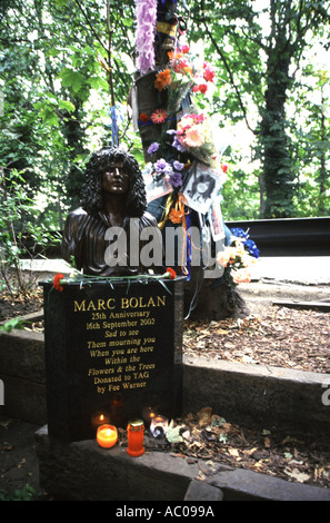 Buste de marc Bolan commémoratif à l'endroit où il est mort lorsque sa voiture s'est écrasé dans l'arbre derrière Queens Ride Barnes à Londres Banque D'Images