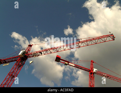 Jour 2 grues de construction rouge sur chantier Banque D'Images