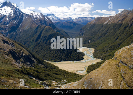 Routeburn Track Routeburn Falls au-dessus du Parc National de Fiordland ile sud Nouvelle Zelande aerial Banque D'Images