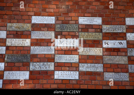 Plaques commémoratives parrain enterré dans le mur de château de Wawel krakow Banque D'Images