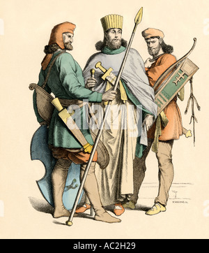 Le roi perse antique avec ses gardes du corps d'un soldat et d'un archer. Impression couleur à la main Banque D'Images