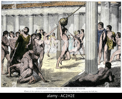 Exercices de gymnastique de Spartan les garçons dans la Grèce antique. À la main, gravure sur bois Banque D'Images