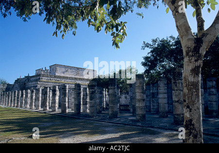 Lignes de la Mille Colonnes group et Chac Mool Temple sur la colline, à l'ancien site de Chichen Itza, Yucatan, Mexique. Banque D'Images