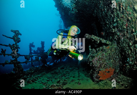 Scuba Diver plongée sur épave Umbria Soudan du Sud Mer Rouge Wingate Reef Banque D'Images