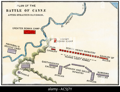 Carte de la bataille de Cannes où Hannibal défait les romains pendant la Deuxième Guerre Punique 216 av. À la main, gravure sur bois Banque D'Images