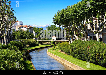 La rivière La Basse à Perpignan et le Mont Canigou, France. Banque D'Images