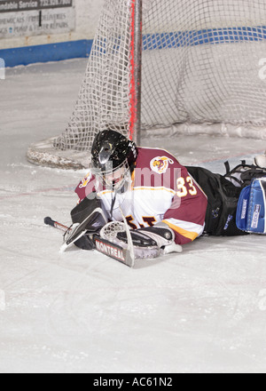 Ice Hockey Goalie fait une plongée sauvegarder Banque D'Images