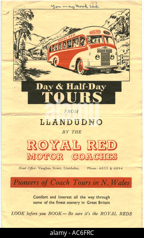 Publicité notice pour Motor Coach tours dans le Nord du Pays de Galles vers 1950 Banque D'Images