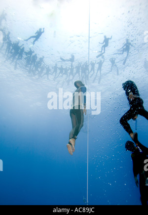 Free diver Carlos Coste monte à une grande foule de fans en attente d'une plongée dans la Mer Rouge Banque D'Images