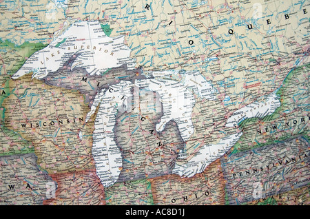 Une vue de la région des Grands Lacs des États-Unis d'Amérique, sur une amende, détaillée et colorée United States map. Banque D'Images