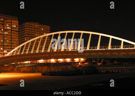 Valencia City Bridge par nuit El Puente de Calatrava sur l'ancien lit de la Turia Banque D'Images