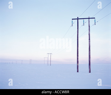 Les lignes d'énergie électrique dans un paysage hivernal. Banque D'Images