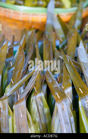 Thai Food enveloppés dans des feuilles à Wat Don Wai (près de Wat Rai Khing) Marché flottant, Nakhon Chai Si River Bangkok, Thaïlande Banque D'Images