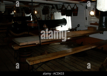 Cannon et l'équipage table à manger dans le HMS Warrior Royal Naval base Portsmouth Hampshire Angleterre Royaume-Uni Royaume-Uni Grande-bretagne GB Banque D'Images