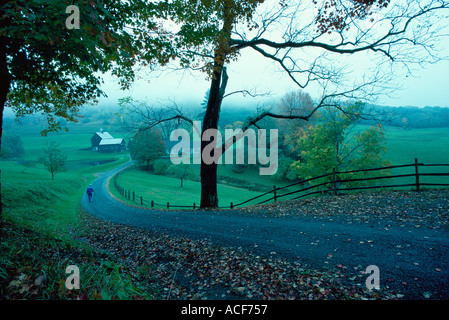 Homme marche seul sur un sentier de gravier d'une ferme par un étang et une grange près de Woodstock jour automne gris VT Banque D'Images