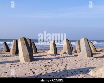 Sur la côte ouest du Jutland au Danemark la côte est protégée contre l'érosion de la mer du Nord avec de grands blocs de béton Banque D'Images