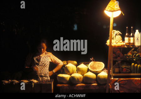 Asie Laos Vientiane femme travaille dans les petites food préparation Lao au marché de nuit le long de la rivière du Mékong Banque D'Images