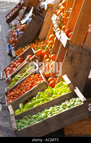 Une boutique de fruits et légumes à l'étalage des produits dans des caisses en bois sur la rue : tomates, choux de Bruxelles, poivrons oranges, Montevideo, Uruguay, Amérique du Sud Banque D'Images