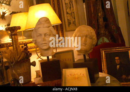 Intérieur d'une boutique d'antiquités dans le quartier San Telmo autour de la Plaza Dorrego Square, deux têtes sculptées de vieux livres Italia, tableaux encadrés et plus Calle Defensa Defence street Buenos Aires Argentine, Amérique du Sud Banque D'Images