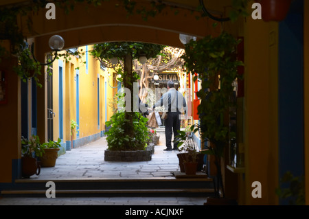 Dans le quartier de San Telmo autour de la Plaza Dorrego Square, l'une des voies de passage menant à plus de marché aux puces et d'antiquités, des boutiques, un homme portant un grand nombre de sacs de magasinage, dark passage chemin menant à la cour intérieure. Calle Defensa Defence street Buenos Aires Argentine, Amérique du Sud Banque D'Images