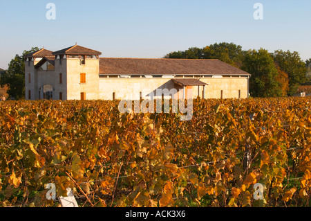 Le bâtiment nouvellement construit winery vu au vignoble doré jaune vert en fin d'après-midi soir soleil automne Domaine Vignoble des Verdots Conne de Labarde Bergerac Dordogne France Banque D'Images