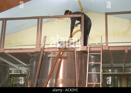 Un travailleur winery le pompage le vin rouge dans une cuve de fermentation en acier inoxydable. Domaine Vignoble des Verdots Conne de Labarde Banque D'Images