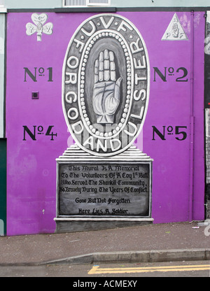 Peinture murale d'un mémorial de l'université virtuelle un plinthe murale loyaliste Canmore Street off road Shankill Banque D'Images