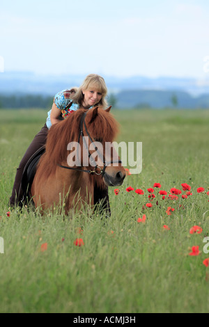 21 ans femme allemande assis sur un cheval dans un pré. Allemagne, Europe Banque D'Images