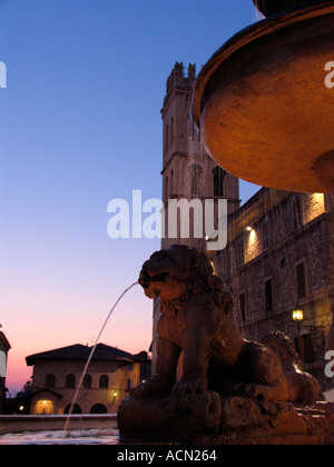 Fontaine de la Piazza del Comune avec le Temple Romain de Minerve et Torre del Popolo à l'arrière-plan Assisi Italie Banque D'Images