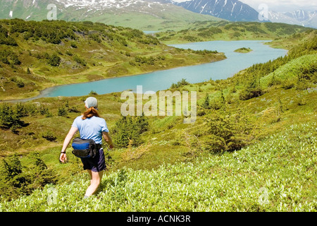 Female hiker dans la toundra alpine près du sentier du lac perdu de la Forêt Nationale de Chugach, péninsule de Kenai en Alaska Summer Banque D'Images