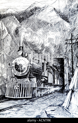 Années 1920, illustration de la ligne de train à vapeur sortant d'un tunnel Banque D'Images