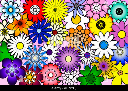 Des formes de fleurs stylisées multicolores sur fond rose Banque D'Images