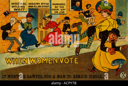 Propagande satirique britannique anti-suffragette carte postale s'opposant au suffrage des femmes "quand les femmes votent" , droit de vote, mariage, Royaume-Uni en 1910 Banque D'Images