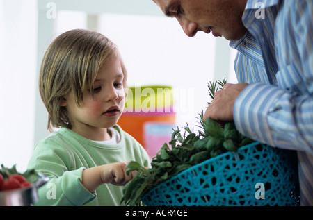 Père et fils examinant les fines herbes dans la cuisine Banque D'Images