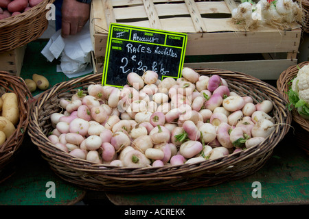 Le navet en vente sur un marché typiquement français dans le Languedoc Roussillon, sud de la France. Banque D'Images