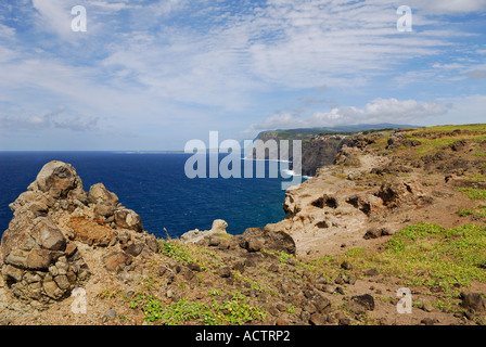 Les formations de roche sur le bord de falaises sur la rive nord Molokai Hawaii Banque D'Images