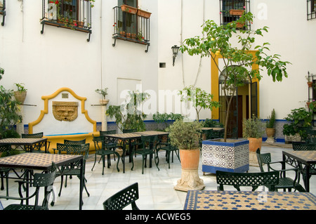 Le cadre paisible d'un patio de style traditionnel dans un hôtel à Cordoba, Andalousie, Andalousie, sud de l'Espagne Banque D'Images