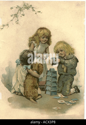 Enfants bâtiment maison de cartes vers 1880 Banque D'Images