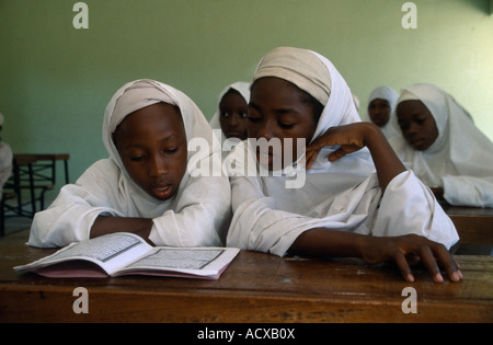 L'Afrique de l'Ouest NIGERIA Kano filles musulmanes dans une école primaire de la lecture d'un manuel sitting at desk in classroom Islamique Banque D'Images