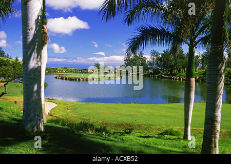 Petite île au milieu de Green Lake et de palmiers à Big Island Country Club sur la côte de Kona Hawaii Banque D'Images