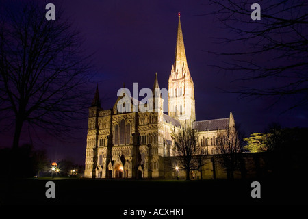 La cathédrale de Salisbury illuminée par des projecteurs extérieurs en hiver Wiltshire England UK Royaume-Uni GB Grande-bretagne British Banque D'Images