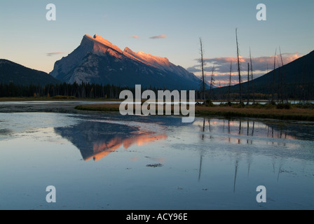 Au coucher du soleil avec vue sur le mont Rundle canton Banff vu de la rive de lacs Vermillion sentier Fenland Canadian Rockies Alberta Banque D'Images