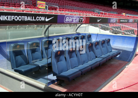 Le banc @ Stade Camp Nou à Barcelone avec une capacité de 90 000 accueil au FC Barcelone. Banque D'Images