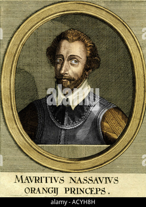 Maurice de Nassau, 13.11.1567 - 23.4.1625, stathouder de Hollande et de Seeland, 1584 - 1625, portrait, gravure contemporaine, lettre, couleur de l'artiste , Copyright n'a pas à être effacée Banque D'Images