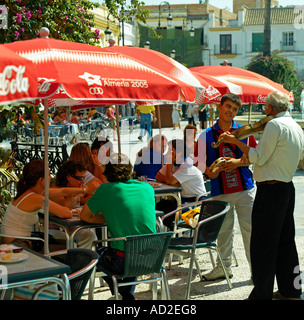 Des musiciens de rue sur la Plaza de Cabildo de Sanlucar de Barrameda. Banque D'Images